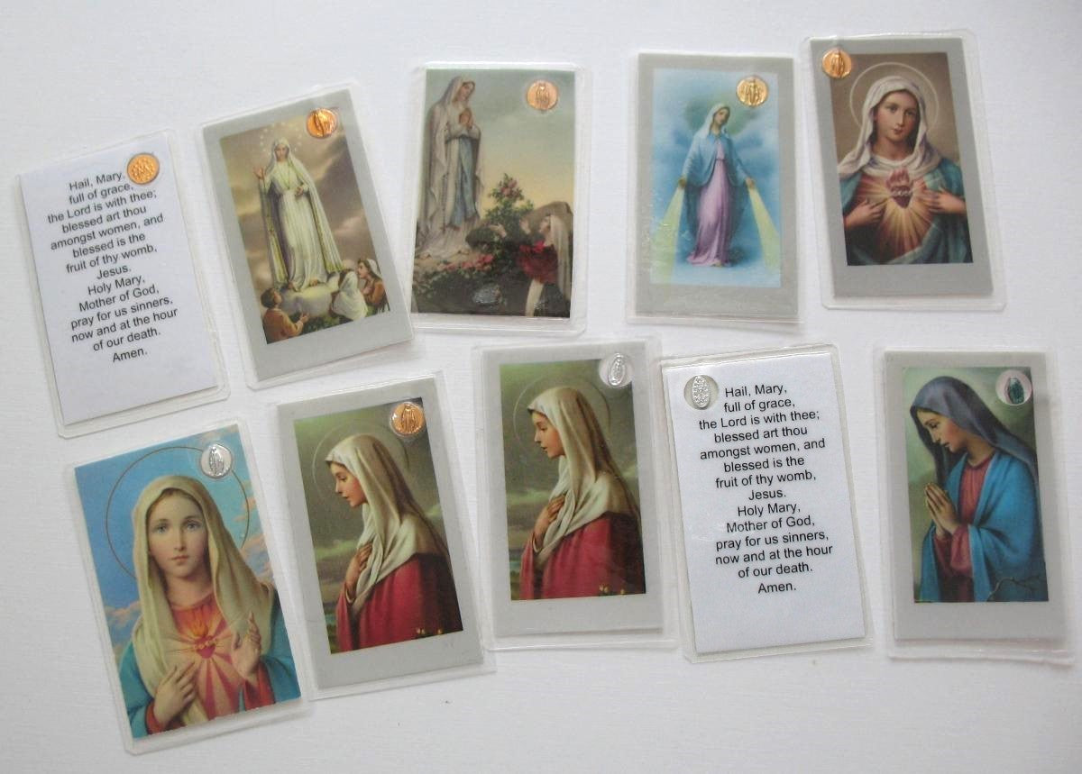 Mini Laminated Prayercard with Embedded Miraculous Medal - Hail Mary