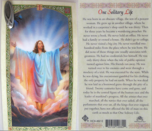 Laminated - Risen Christ - One Solitary Life Prayercard with Fish Lapel Pin