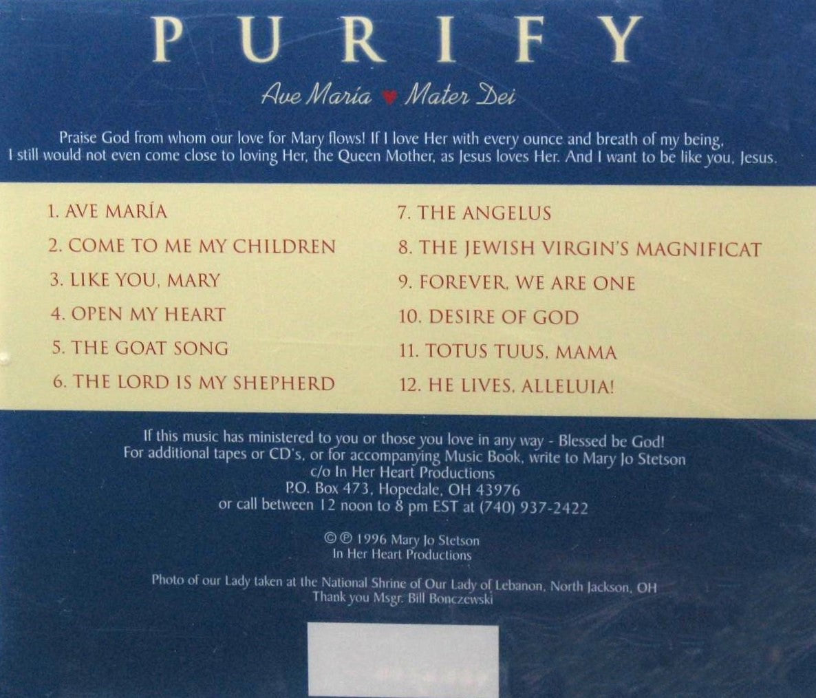 Mary Jo Stetson - Purify - Ave Maria Mater Dei - Music CD