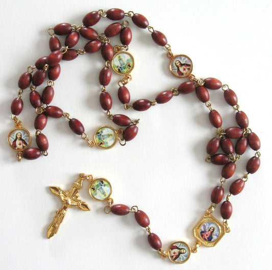 Rosary - Chain with Wood Beads and Fatima Our Father Beads